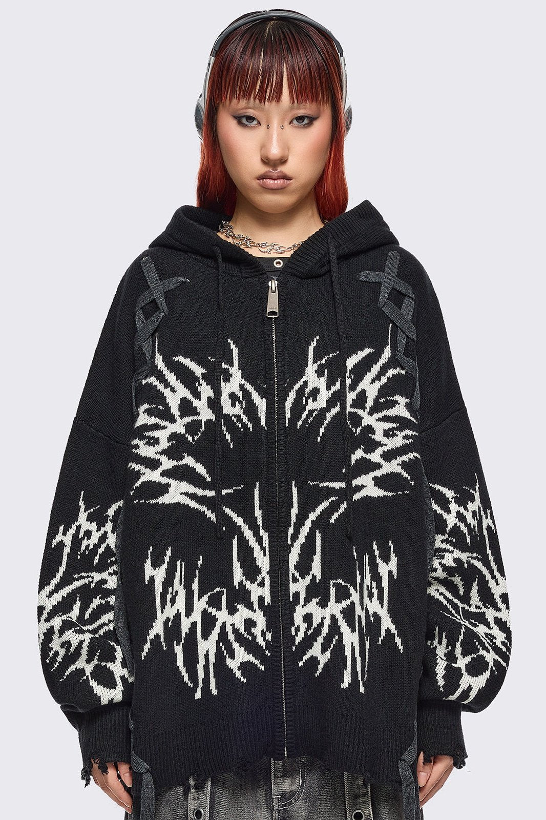 Black Knitted Zip-Up Hoodie With Sigilism Graphic | Minga London