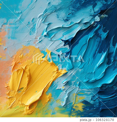 パレットナイフの油絵・カラフルな抽象背景バナー）立体的な黄色と青