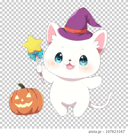 魔女の帽子をかぶった白猫とハロウィンのカボチャ①のイラスト素材