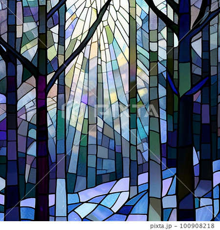 冬の森と雪 ステンドグラス風イラスト AI画像のイラスト素材