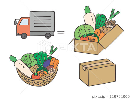 野菜の宅配にまつわる手描きイラストセット（カラー）のイラスト素材