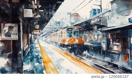 雨の日の日本の駅とオレンジ色の列車｜しっとりとした情景と旅の風景の