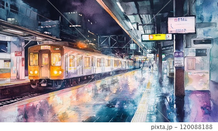 雨に濡れる夜の駅とオレンジ色の電車｜都会の幻想的な光景のイラスト