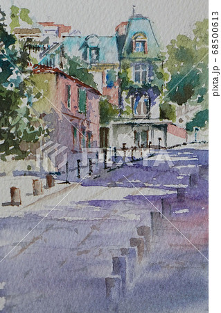 パリ・モンマルトルの街並みの水彩画風景画のイラスト素材 [68500613