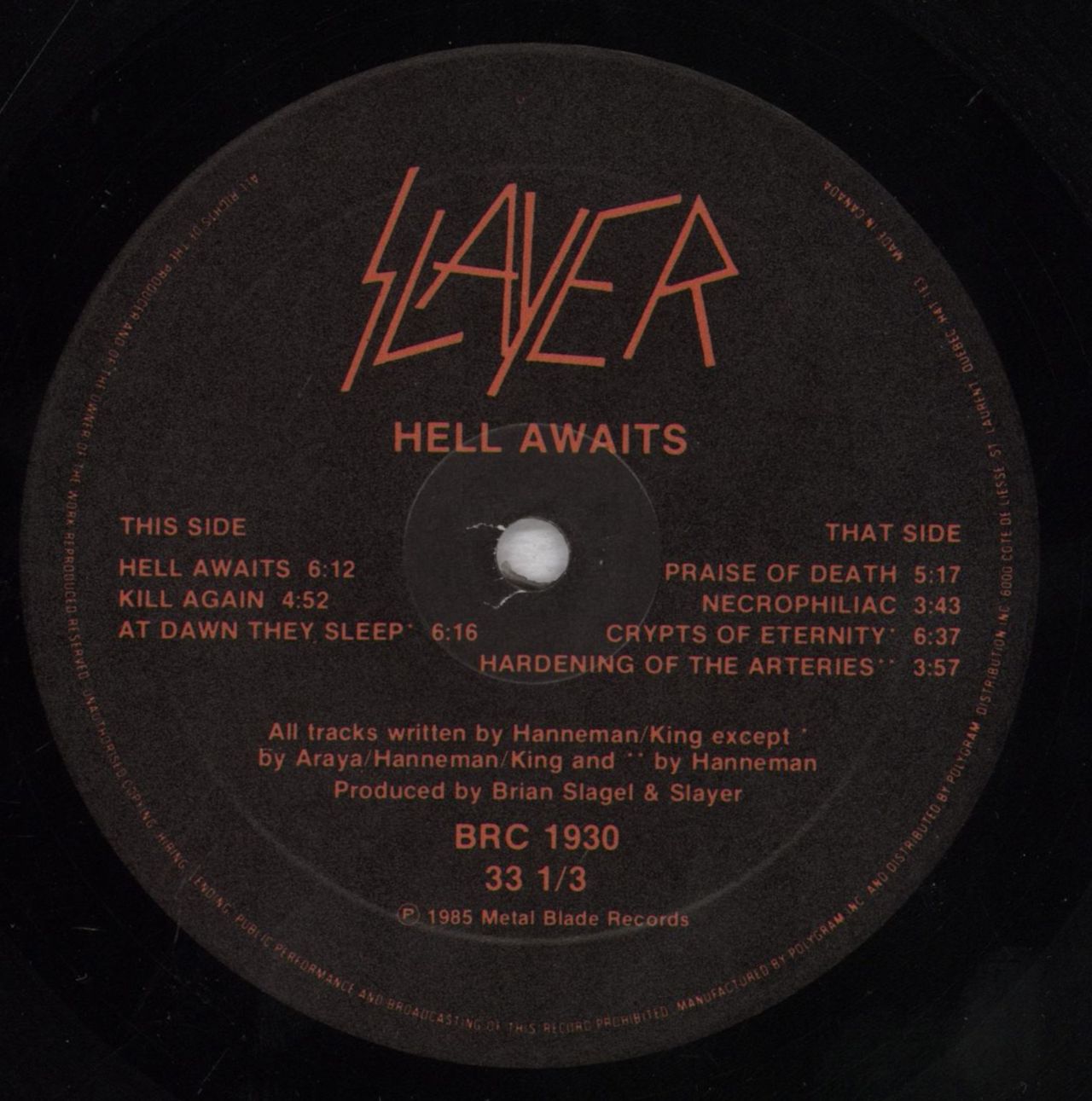Slayer Hell Awaits Canadian Vinyl LP — RareVinyl.com