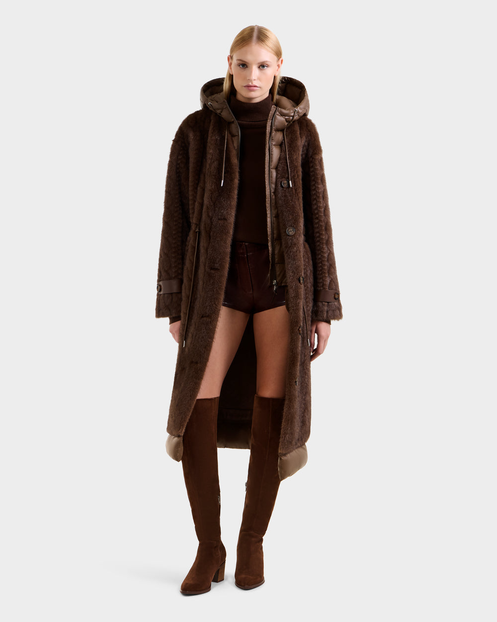 RUDSAK ORIANA Women's Faux Fur Longline Coat - Mocha Cable Knit