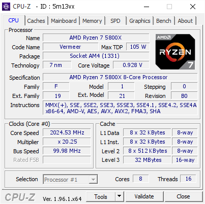 AMD Ryzen 7 5800X @ 2024.53 MHz - CPU-Z VALIDATOR
