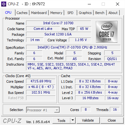 Intel Core i7 10700 @ 4715.69 MHz - CPU-Z VALIDATOR