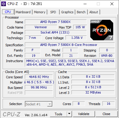 AMD Ryzen 7 5800X @ 4648.92 MHz - CPU-Z VALIDATOR