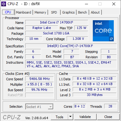 Intel Core i7 14700KF @ 5486.58 MHz - CPU-Z VALIDATOR