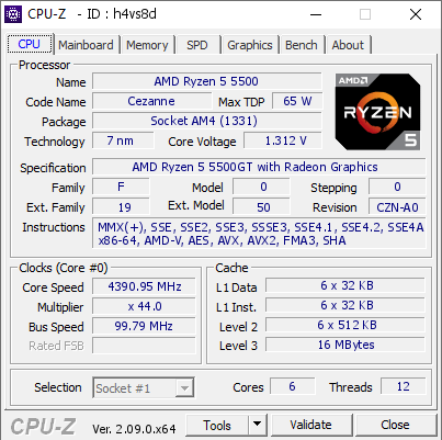 AMD Ryzen 5 5500 @ 4390.95 MHz - CPU-Z VALIDATOR