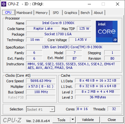 Intel Core i9 13900K @ 5698.63 MHz - CPU-Z VALIDATOR
