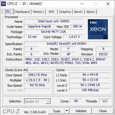 Intel Xeon w9 -3495X @ 2892.75 MHz - CPU-Z VALIDATOR
