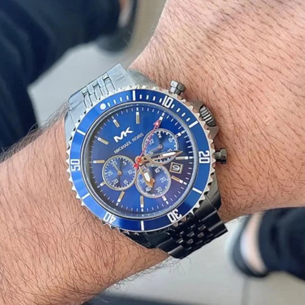 Michael Kors Bayville Chronograph Blue Dial Grey Steel Strap Watch