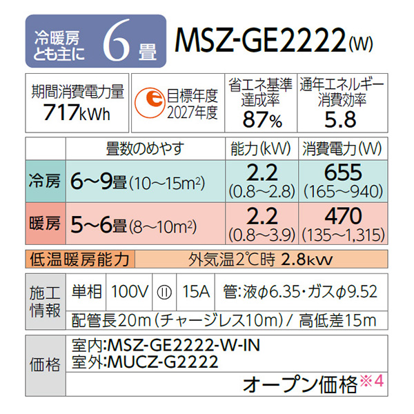 MSZ-GE2222-W 三菱電機 霧ヶ峰 ルームエアコン GEシリーズ 6畳用