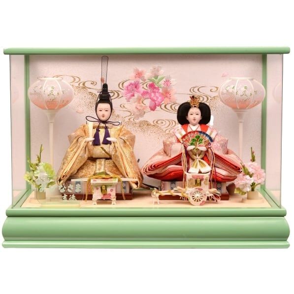 雛人形】ケース飾り 親王飾り「桜刺繍緑色アクリル」(322591)ひな人形