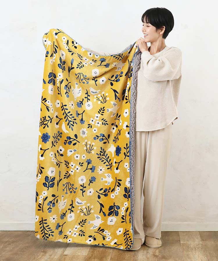 スワンネルマルチブランケット 花 フラワーバードマスタード フラワー