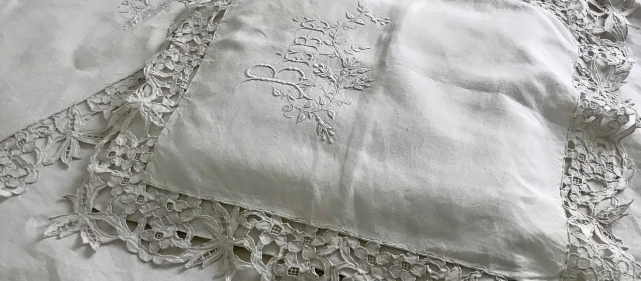 E-835 フランスアンティークエプロン ストライプ柄コットン 85cm