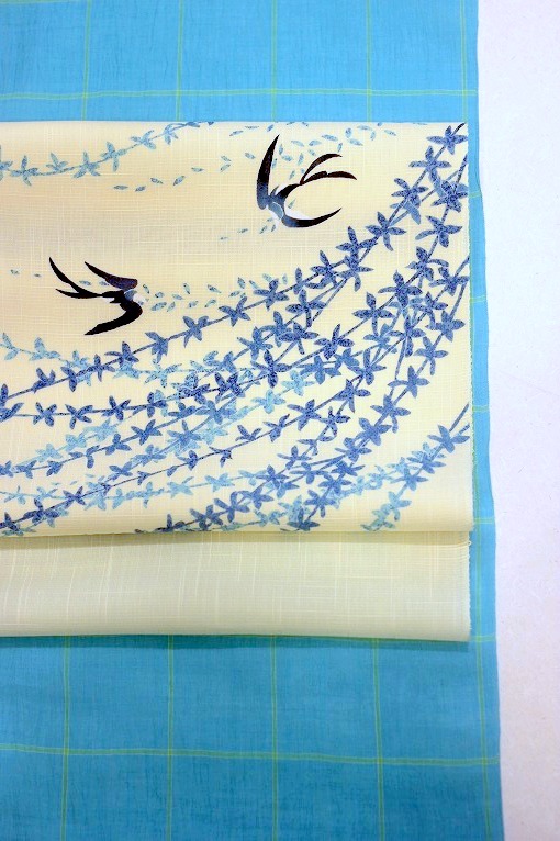 手描き九寸名古屋帯/紗紬地 柳に燕 大村幸太郎