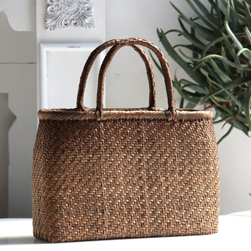 くるみ・カゴバッグ/網代編み・ひご極細/中サイズ/リネン巾着