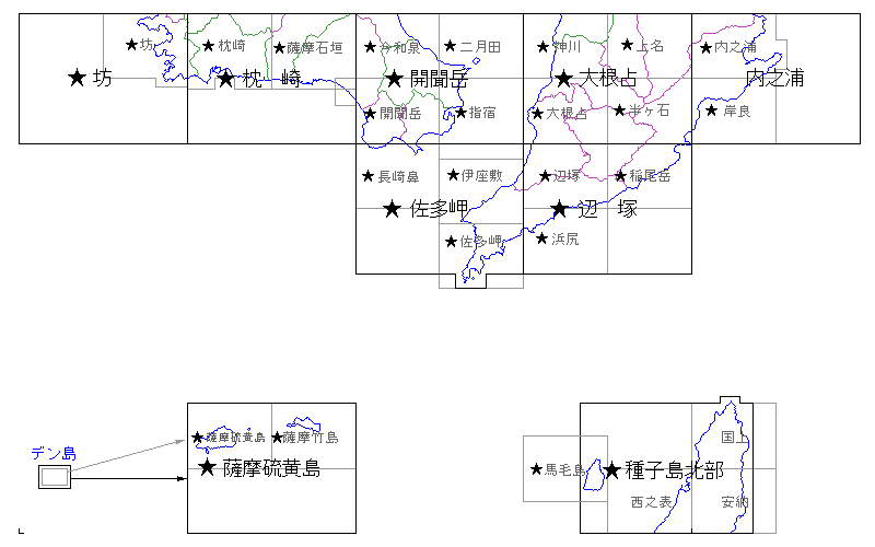 5万分1，2.5万分1地形図の新旧緯度・経度対照表(索引図：開聞岳