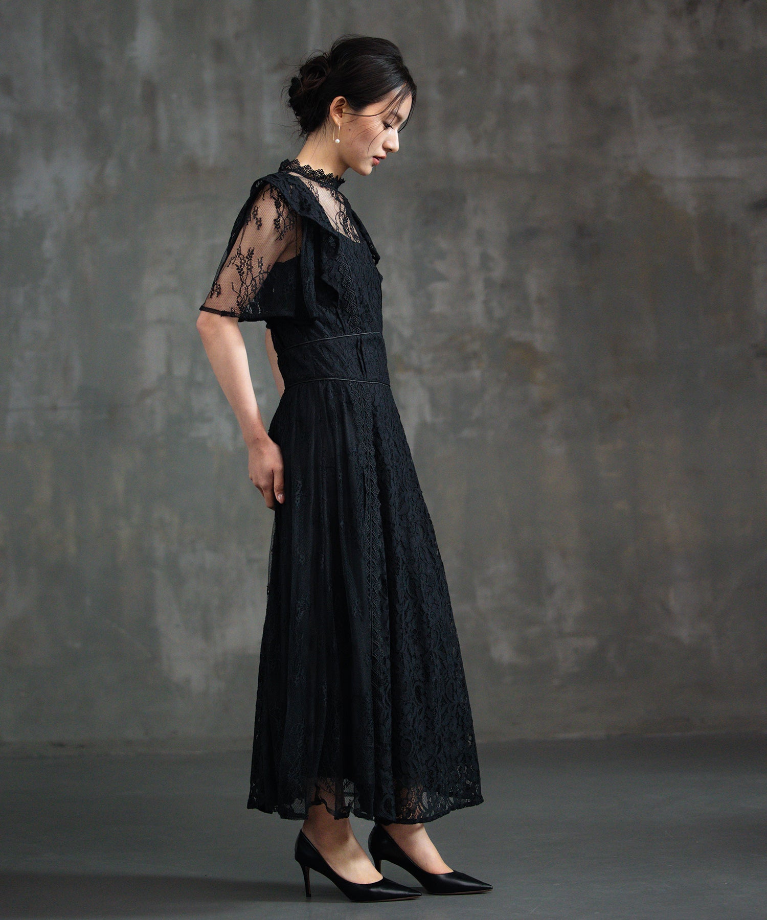 レースワンピース ロングフレアワンピース 総レースdsm0139 ブラック
