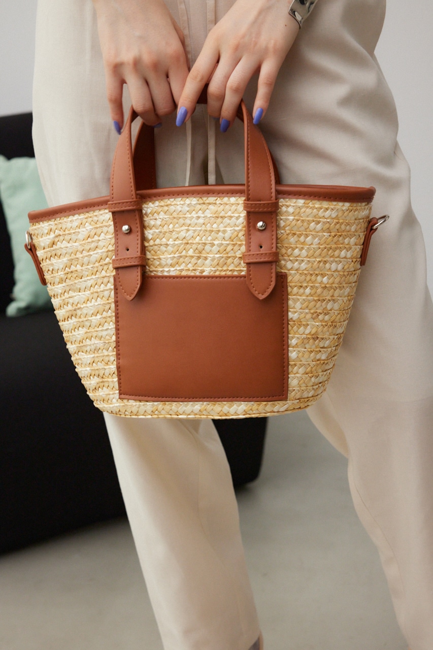 牛革キャメル、デニムポケットのトートバッグ 牛革キャメル、デニム