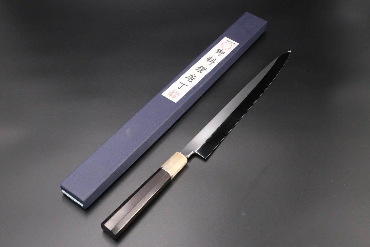 柳刃 青一鋼 300mm 水本焼 波浮かし刃文 全鏡面仕上 池田美和作 刃付