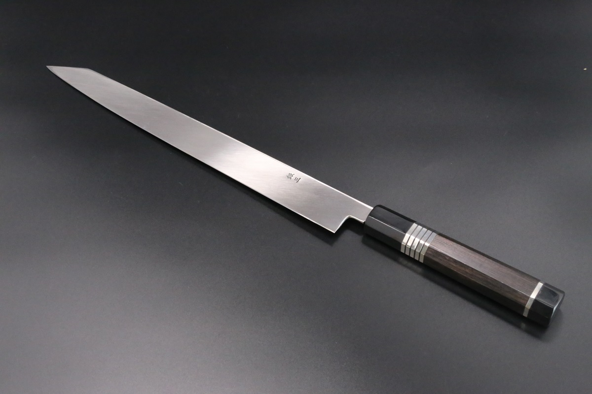 切付柳刃 銀三 330mm 鍛造 表鏡面仕上げ 黒檀柄 鞘付き-歌舞伎ナイフ