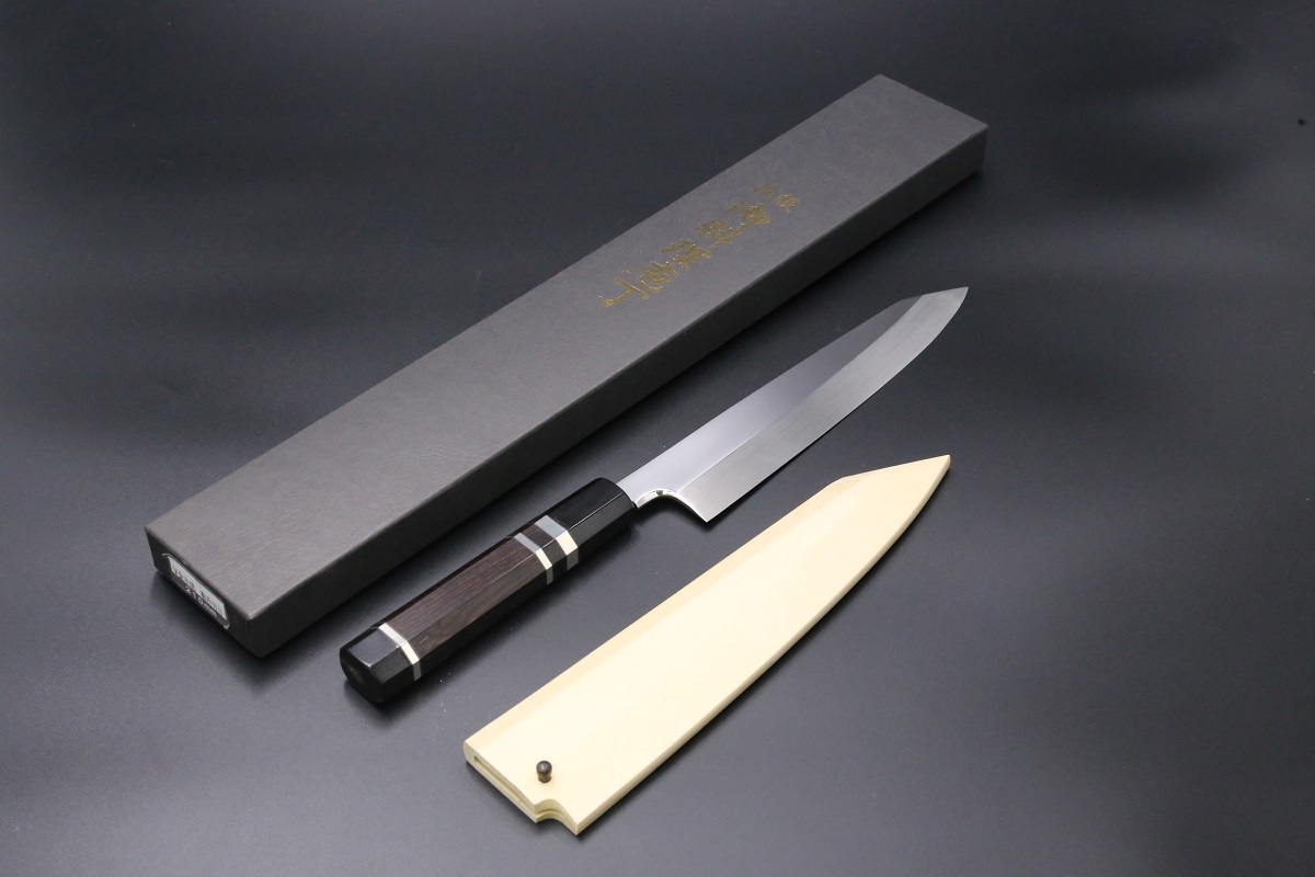 勘所 切付 V金10号 210mm 直刀 全鋼本焼 黒檀柄 鞘付き-歌舞伎ナイフ