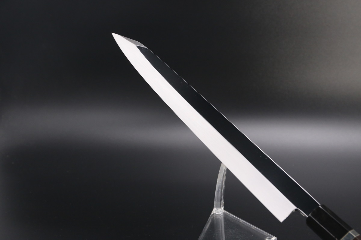 切付柳刃 銀三本焼 300mm 平鏡面 黒檀柄 鞘付き【左利き用】-歌舞伎ナイフ