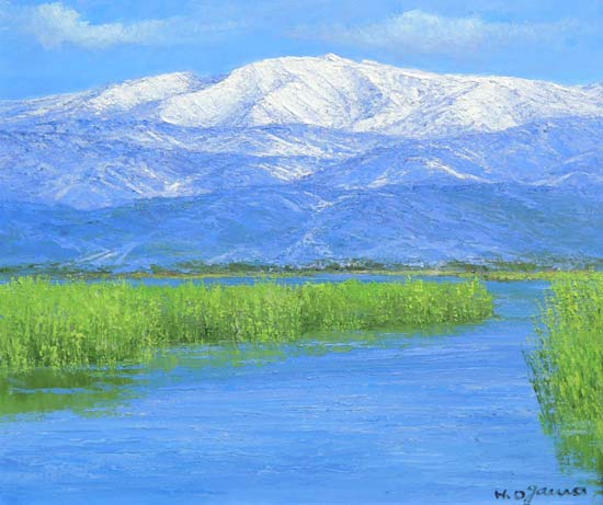 絵画 油絵 木場潟からの白山 （小川久雄） 送料無料 【海・山】【肉筆