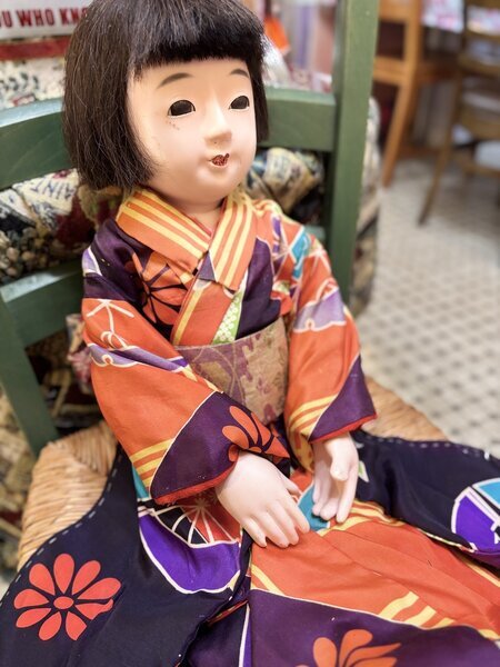 大きな大正時代の市松人形『明仙のお着物』人毛 傷有 経年劣化有63cm