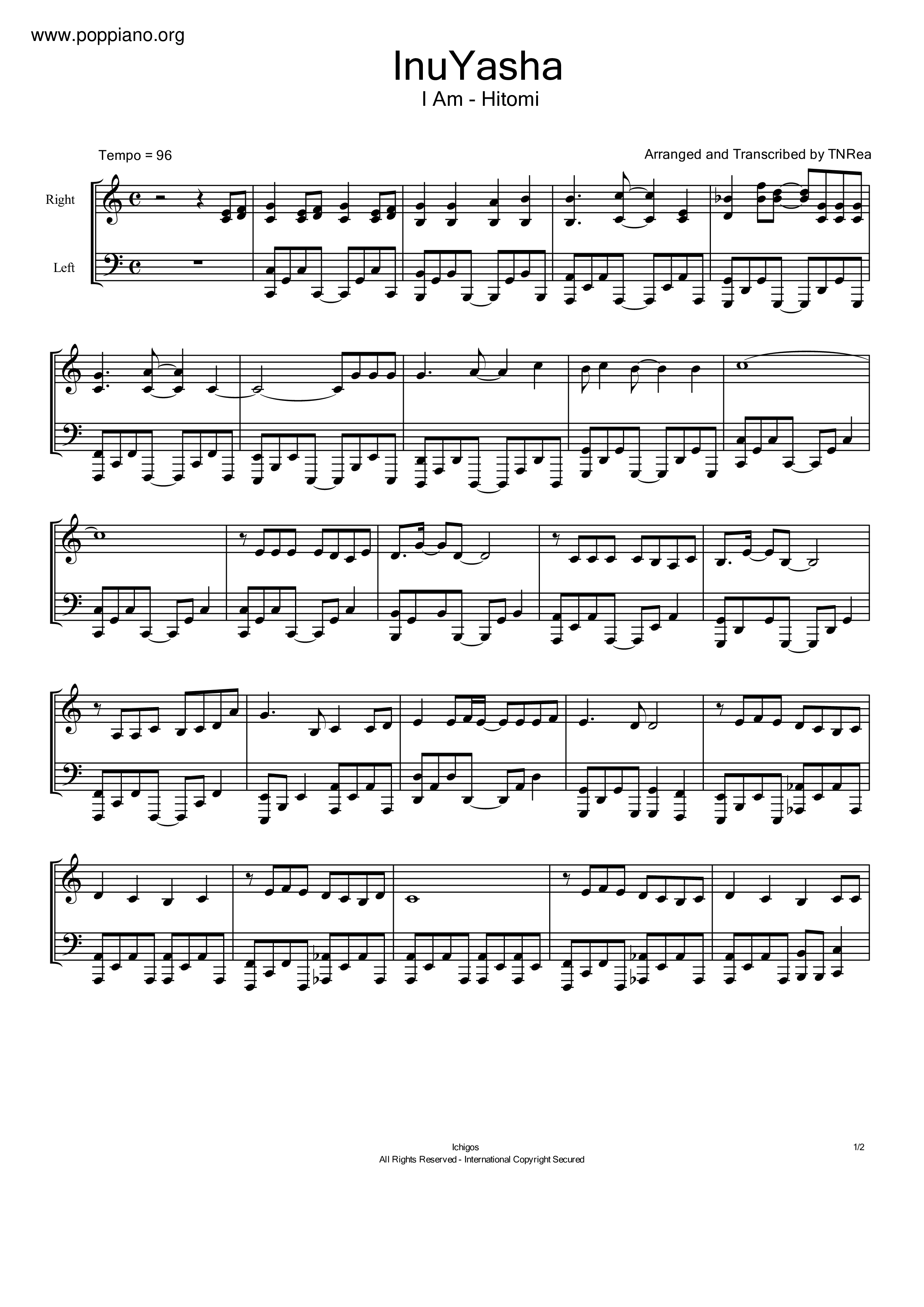 ☆犬夜叉 - アイアム - Hitomi 악보 ピアノ譜pdf- POPPIANO.ORG 無料