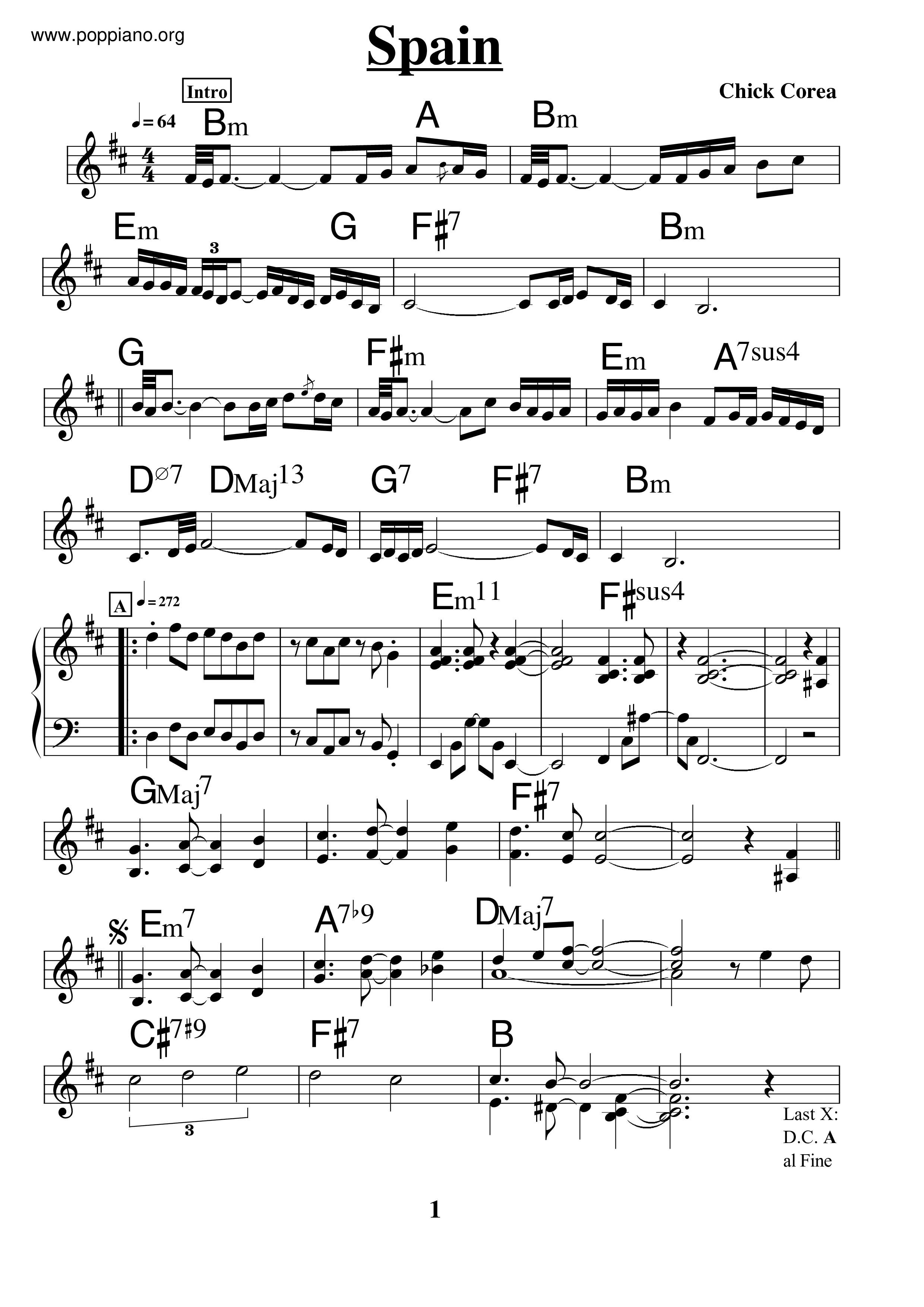 ☆チック・コリア - Spain ピアノ譜pdf (チック・コリア)- POPPIANO