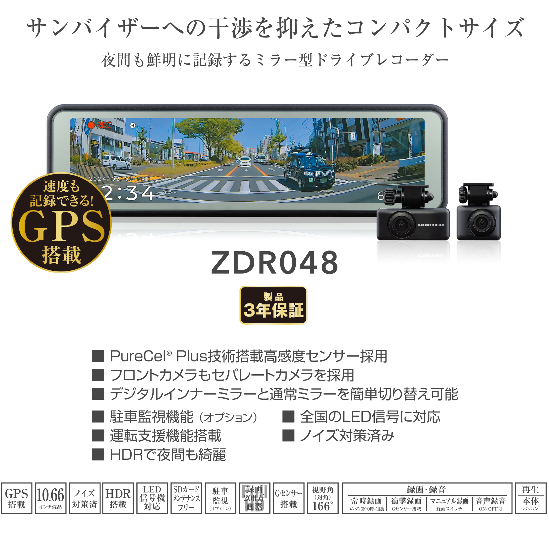 デジタルインナーミラー型ドライブレコーダーZDR048 | 店舗おススメ