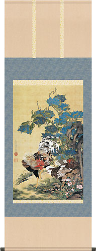 有名作家の掛け軸 伊藤若冲作 紫陽花双鶏図