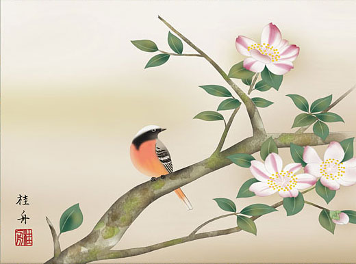 花鳥の掛け軸 長江桂舟作 山茶花【本格ミニ掛軸】ミニサイズ ミニ掛軸