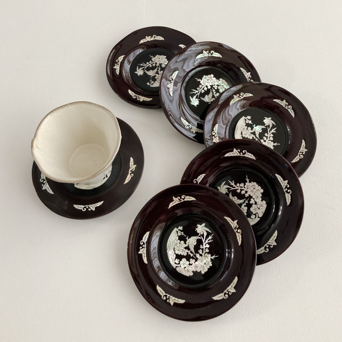 韓国螺鈿茶托(華と蝶)6枚セット 食器・螺鈿・漆器 夢市場本店【韓国