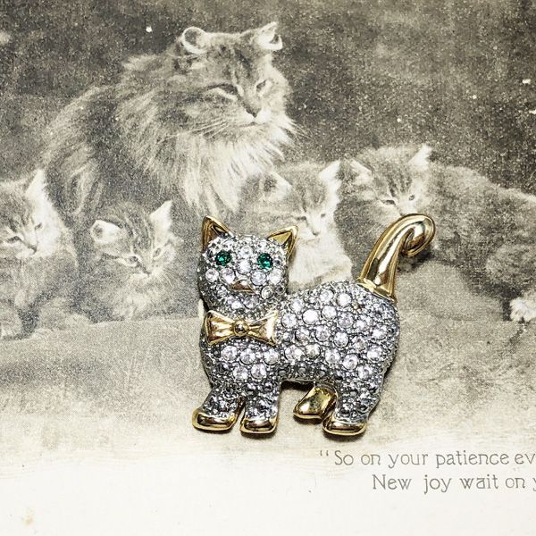英国ラインストーン 猫 ブローチ|ACTON ANTIQUES英国アンティーク