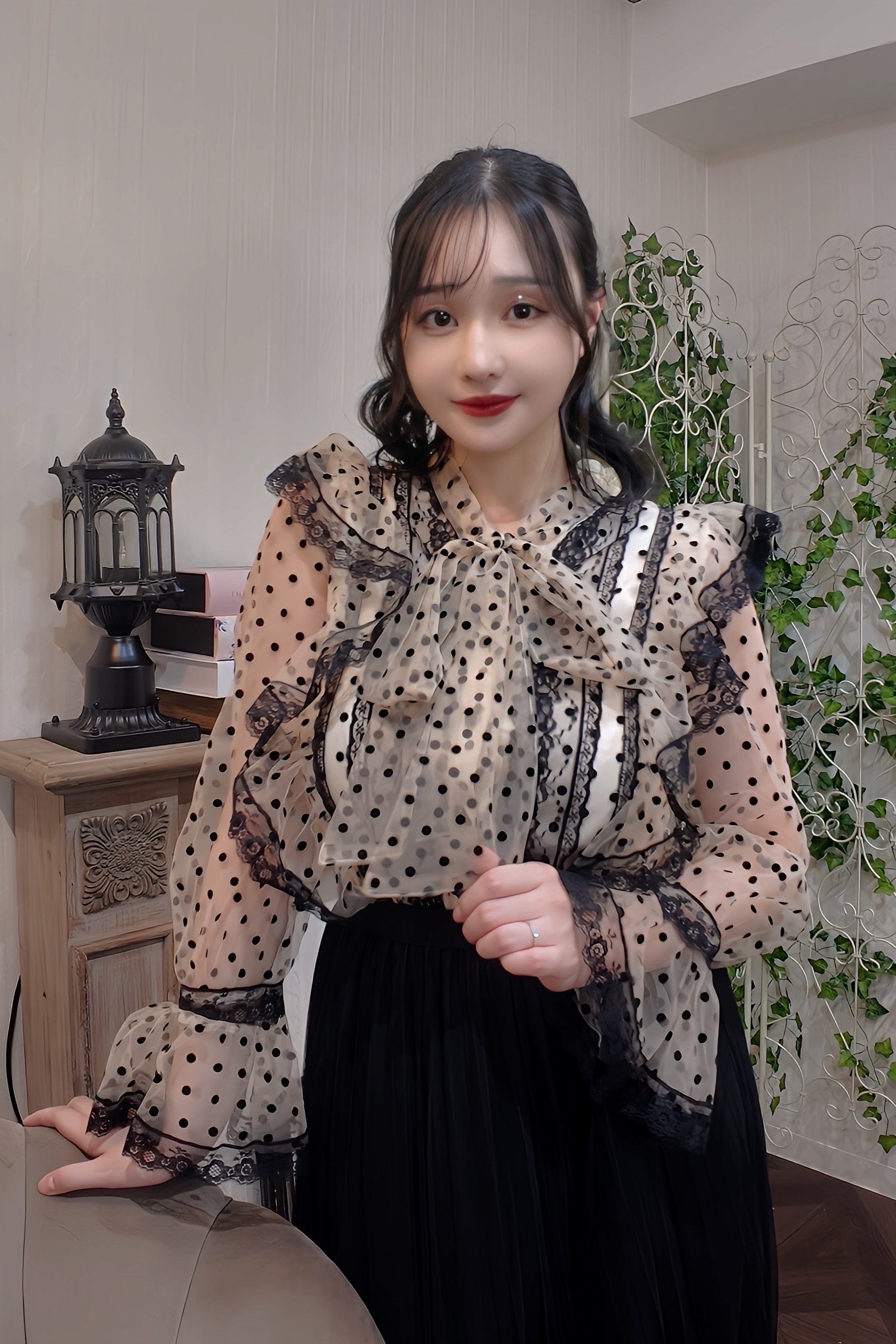 Romantic Dot Ribbon Blouse