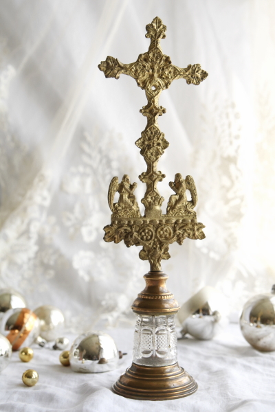 ガラス台の真鍮クロスオーナメント 天使 フランス アンティークス