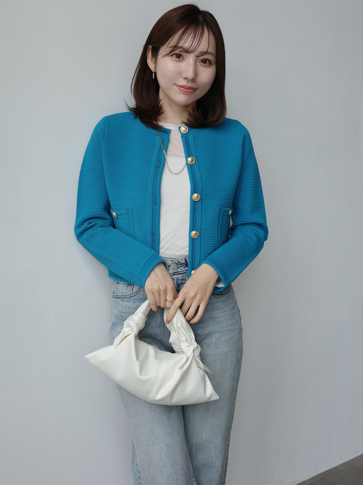 ノーカラーラーベンニットジャケット