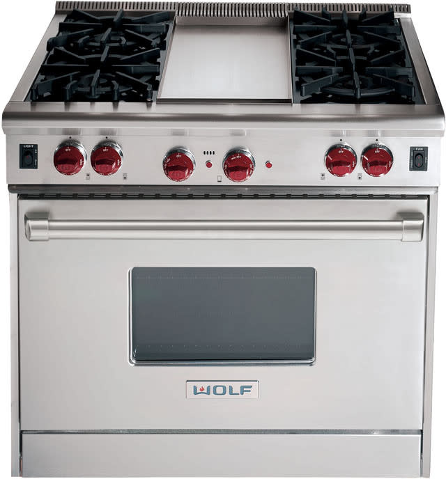 Wolf R364GLP 36 Inch Pro-Style Gas Range with 4 Dual Brass Open