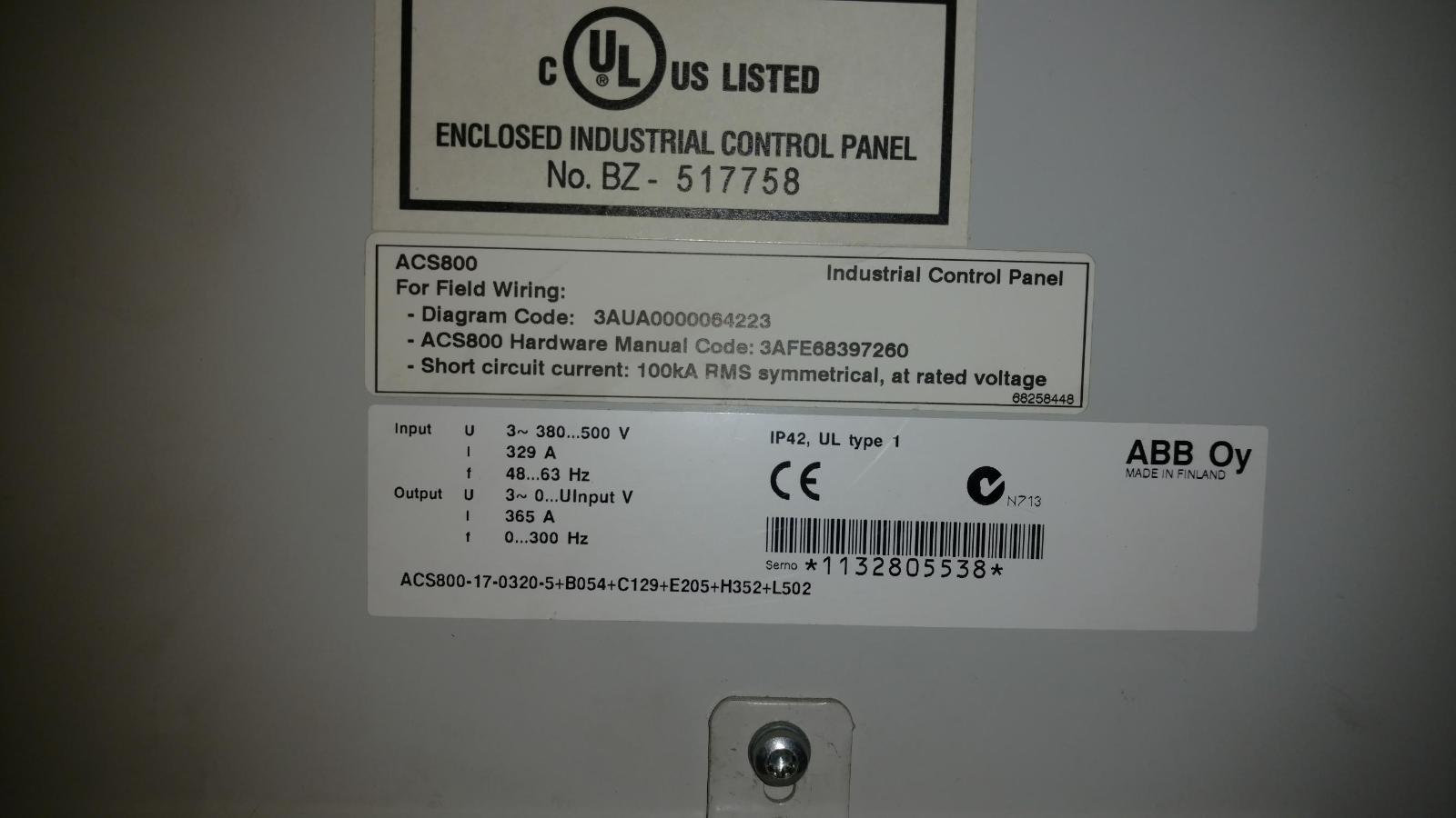 Rebuilt ABB ACS800-17-0320-5+B054+C129+E205+H352+L502 VFD 480V