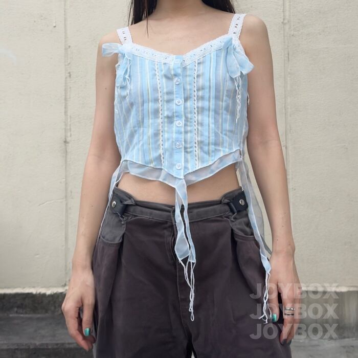 ストライプ柄 キャミソール ビスチェ リボン レース トップス 韓国