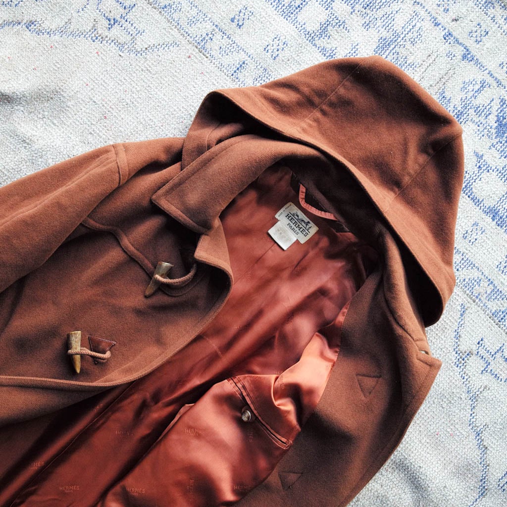 HERMES カシミアヘリンボーンダッフルコート アンゴラ キャメル 1990