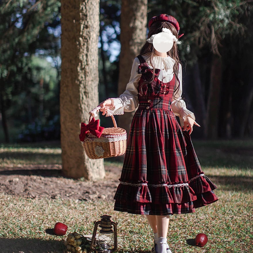 森ガール ワンピース ジャンパースカート ジャンスカ チェック柄 赤