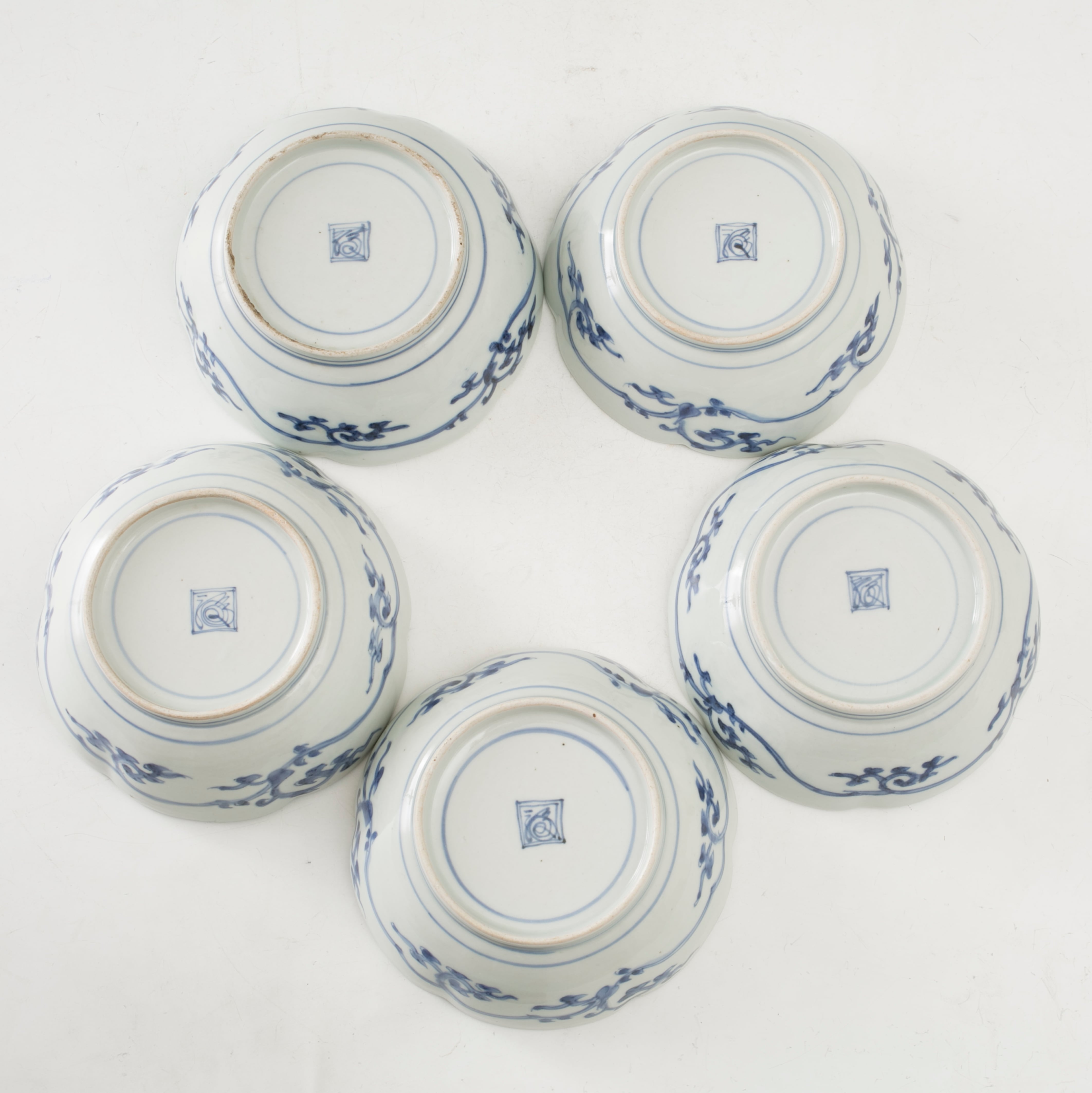 古伊万里 染付 蛸唐草 膾皿 五枚組 なます皿 見込み松竹梅 二重角福 渦