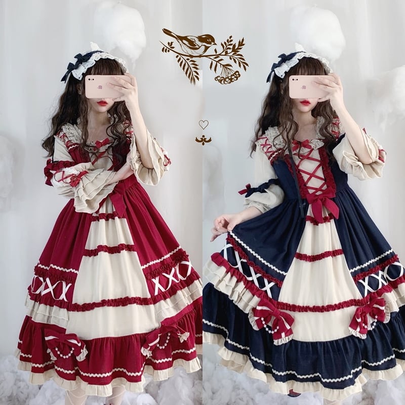 SEASONZ 甘ロリ 可愛い ワンピ ハイウエスト クロス編み上げ 袖